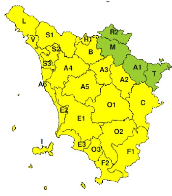 Zone di allrta della Toscana - bollettino del 13.07.2025